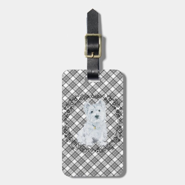 Étiquette À Bagage Westie sur Tartan (Devant Vertical)