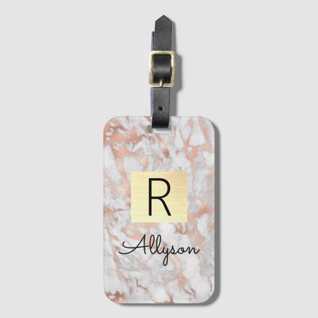 Étiquette À Bagage Wh & Rose Gold Marble Gold Box, Nom et Monogramme (Devant Vertical)