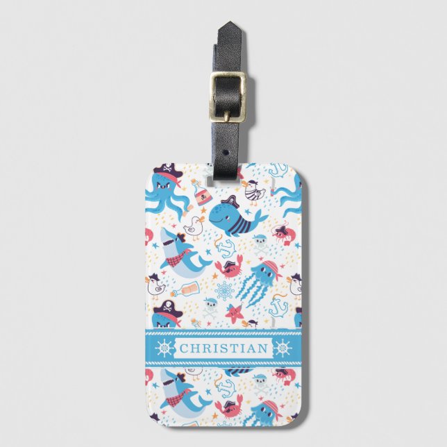 Étiquette À Bagage Whimsical Under the Sea Pirate Thème Nautique Enfa (Devant Vertical)
