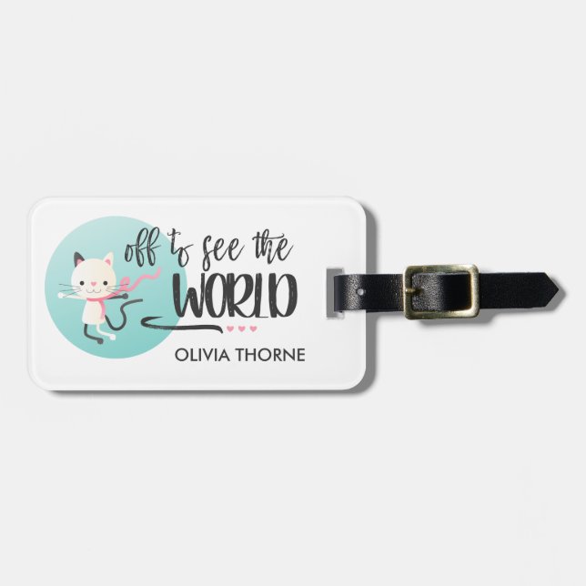 Étiquette À Bagage White Kitten Off pour voir le monde | Nom personna (Devant horizontal)
