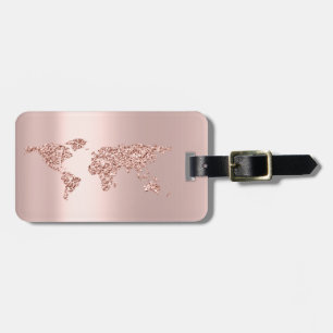 Étiquette À Bagage World Map Rose Gold Adresse Nom Élégant