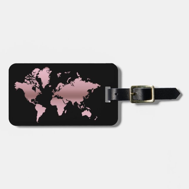 Étiquette À Bagage World Map Rose Gold Faux Professional Chic Moderne (Devant horizontal)