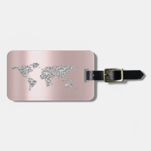 Étiquette À Bagage World Map Rose Grey Nom d'adresse Elegant