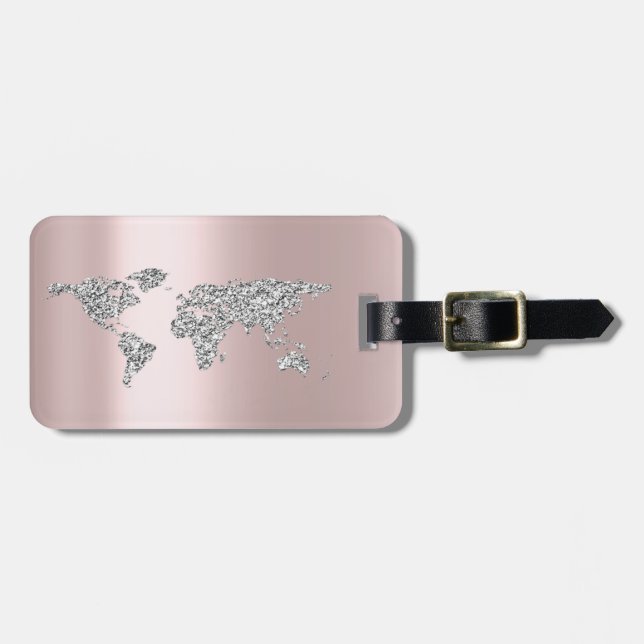 Étiquette À Bagage World Map Rose Grey Nom d'adresse Elegant (Devant horizontal)