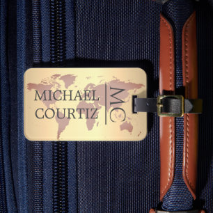 Étiquette À Bagage World Traveler map Brown Brush metal Monogramme