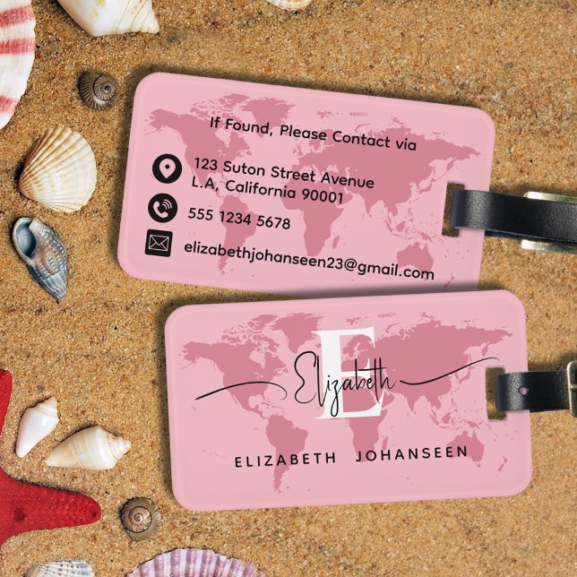 Étiquette À Bagage World Traveller Pink Map Modern Girl Monogramme No (Créateur téléchargé)