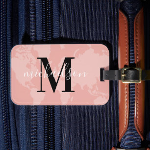 Étiquette À Bagage World Traveller Rose Gold Map Nom du monogramme pe