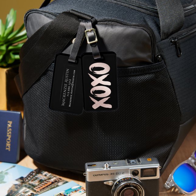 Étiquette À Bagage XOXO rose pâle | Script de brosse lettres main (Recto & Verso)