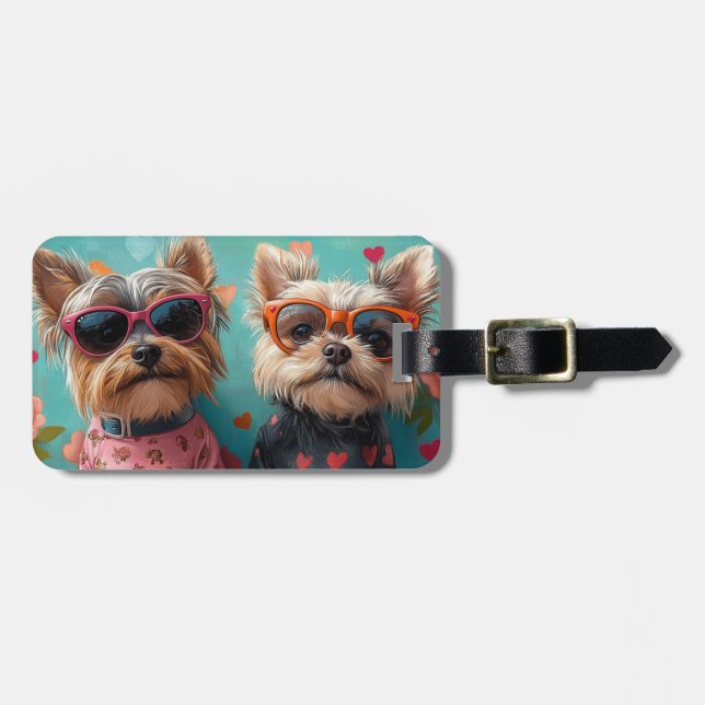 Étiquette À Bagage Yorkshire Terrier avec Roses de la Saint-Valentin (Devant horizontal)