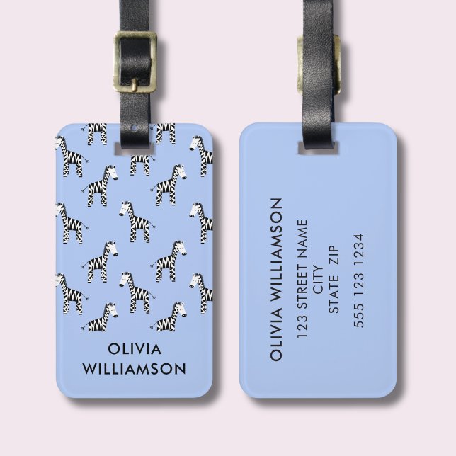 Étiquette À Bagage Zèbre enfants mignons bleu (Kids zebra print blue  personalised luggage tag)