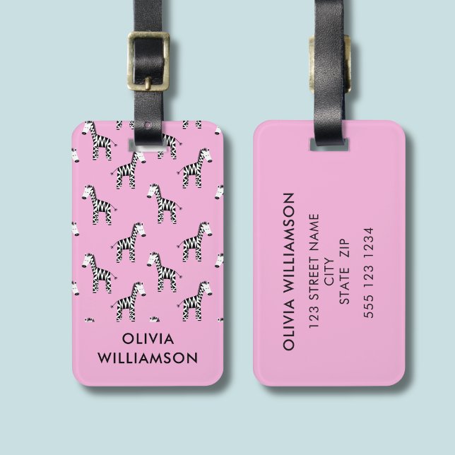 Étiquette À Bagage Zèbre enfants mignons rose (Pink zebra personalized luggage tag)
