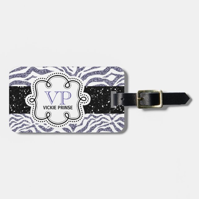 Étiquette À Bagage Zigzag pourpre et blanc mignon de zèbre de parties (Devant horizontal)