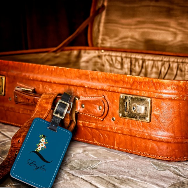 Étiquette à bagages Monogram L cobalt watercolor f (Créateur téléchargé)