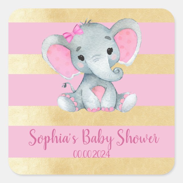 Étiquette à sticker rose or pour fille Eléphant (Devant)