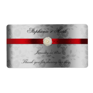 Étiquette à vin mariage avec ruban rouge sur argen