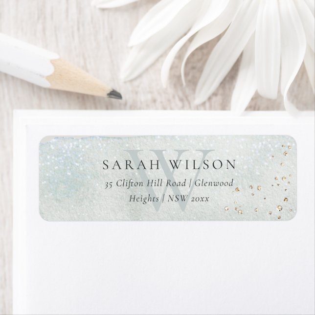 Étiquette Abstrait Aqua Silver Brush Stoke Monogramme Adress (En situation)