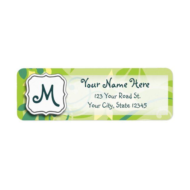Étiquette Abstraite flamme florale vert avec Monogramme (Devant)