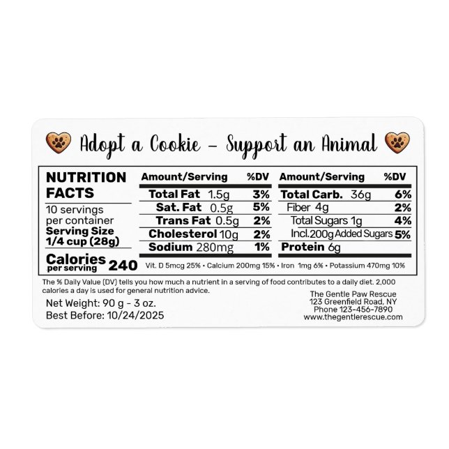 Étiquette Adoptez les faits nutritionnels de cuisson pour le (Devant)