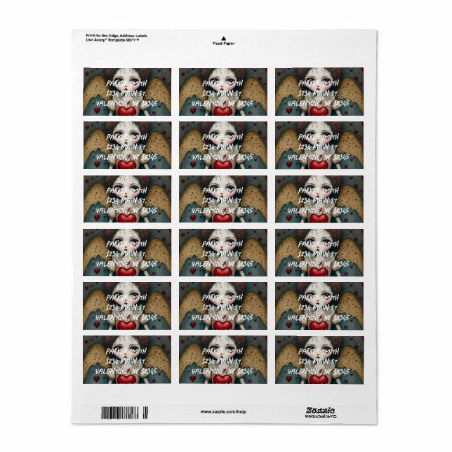 Étiquette Adorable poupée gothique de Saint-Valentin (Feuille entière)