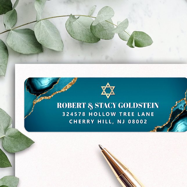 Étiquette Adresse Bat Mitzvah Turquoise Ombré Agate Doré (Créateur téléchargé)