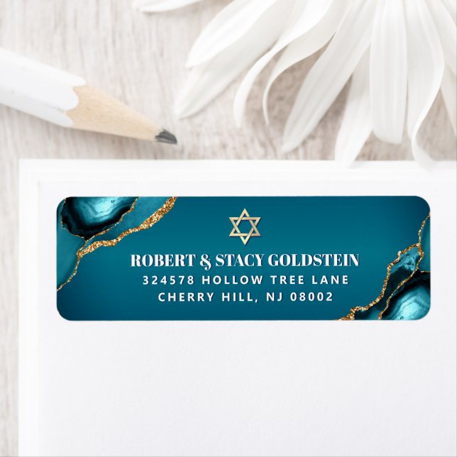 Étiquette Adresse Bat Mitzvah Turquoise Ombré Agate Doré (En situation)