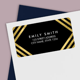 Étiquette Adresse Black Elegant Faux Gold Lines