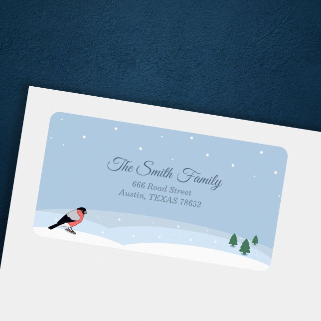 Étiquette Adresse Bouvreuil et paysage enneigé (Bullfinch & Snowy Landscape Return Address Label)