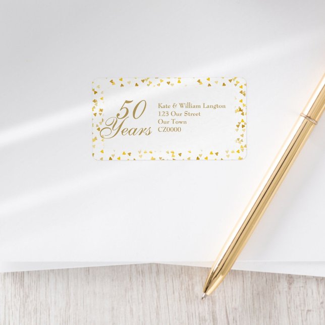 Étiquette Adresse Cœurs Dorés 50e Anniversaire de Mariage (50th Wedding Anniversary Gold Hearts Address Label)