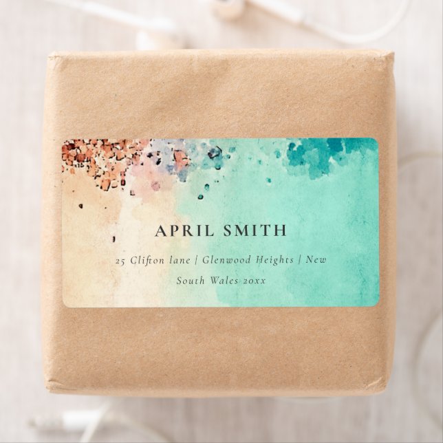 Étiquette ADRESSE DE COULEUR D'EAU ROCK DE SABLE BLEU turquo (En situation)