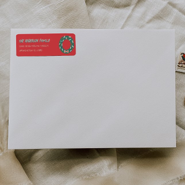 Étiquette Adresse de Couronne de Noël Rouge Vert Peinte à la (Créateur téléchargé)