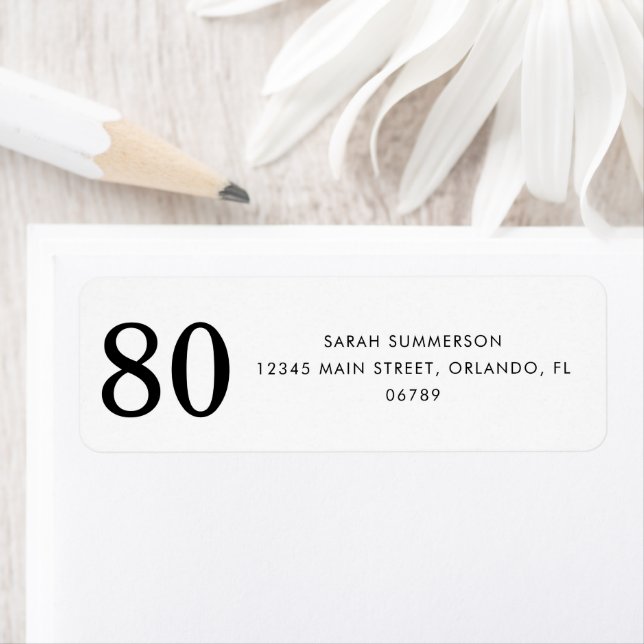 Étiquette Adresse de fête d'anniversaire 80 ans Noir Blanc (En situation)