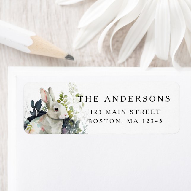 Étiquette Adresse de lapin floral aquarelle de Pâques printe (En situation)