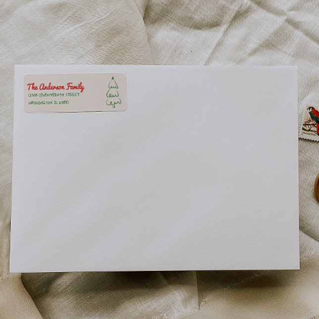 Étiquette Adresse de l'arbre de Noël rouge vert dessiné vint (Créateur téléchargé)