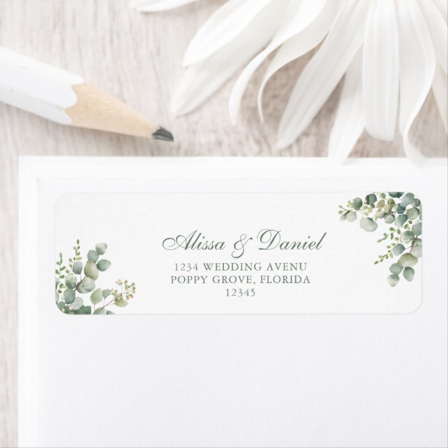 Étiquette Adresse de mariage au eucalyptus de la verdure mod (En situation)