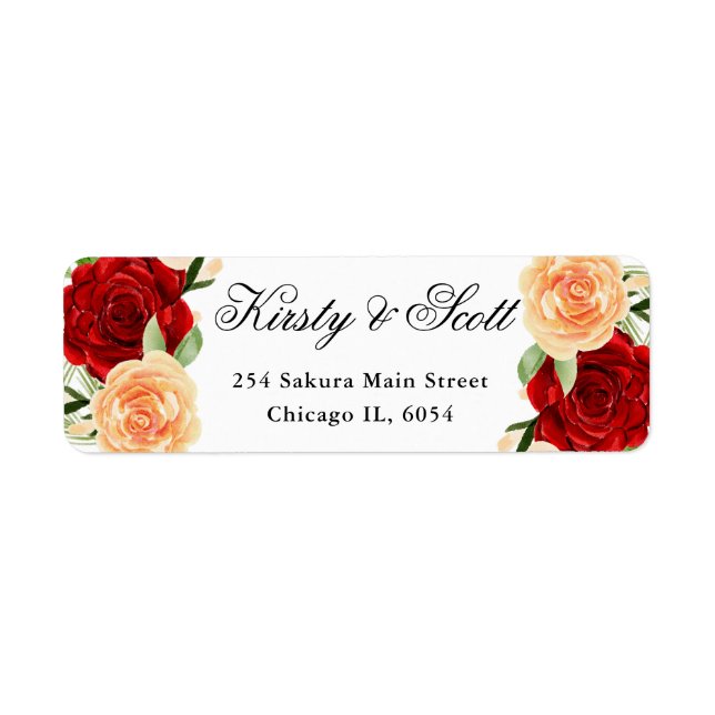 Étiquette Adresse de mariage avec des roses rouges et orange (Devant)