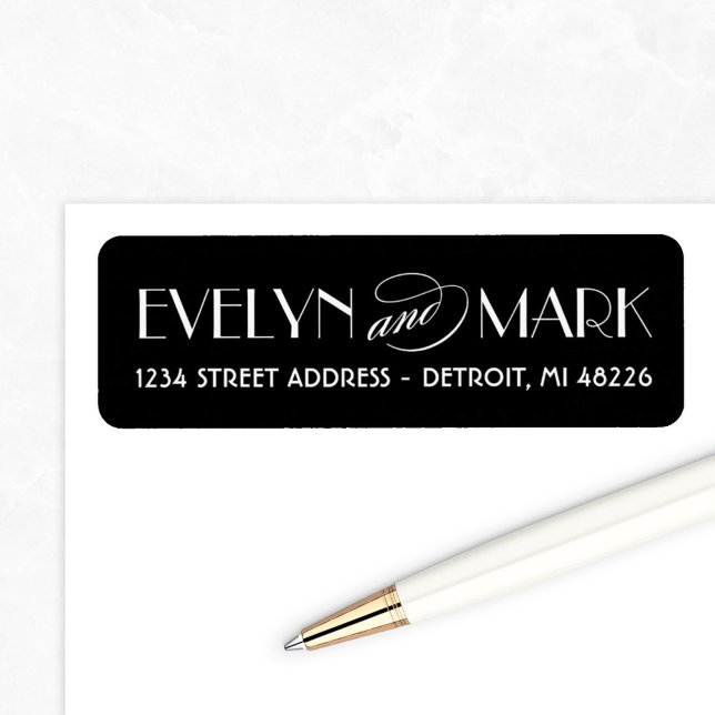 Étiquette Adresse de mariage avec monogramme Art Déco noir v (Créateur téléchargé)
