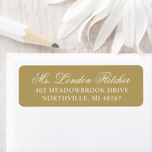 Étiquette Adresse de mariage élégante en or antique script (En situation)