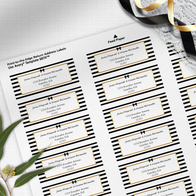 Étiquette Adresse de mariage élégante noir blanc rayure or (Créateur téléchargé)