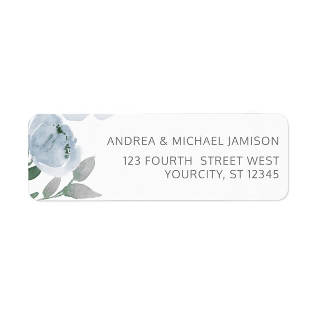 Étiquette Adresse de mariage floral aquarelle bleu gris pous (Devant)