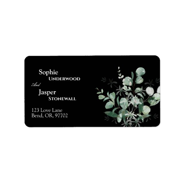 Étiquette Adresse de mariage noir à verdure moderne (Devant)