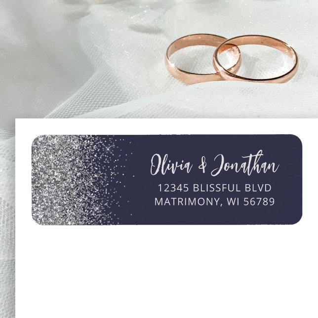 Étiquette Adresse de mariage pailletée bleu foncé argenté (Créateur téléchargé)