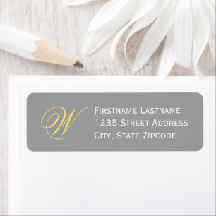 Étiquette Adresse de monogramme élégant gris jaune en écritu