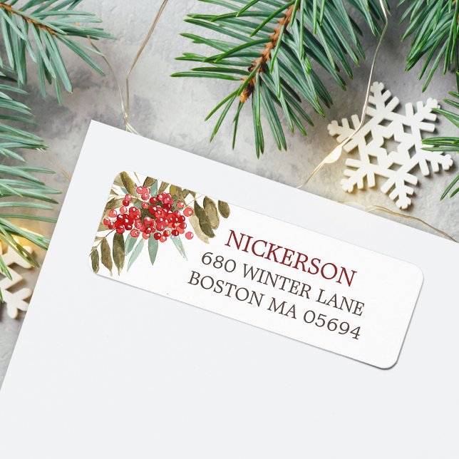 Étiquette Adresse de retour aux baies de Noël aquarelle (Watercolor Christmas Berries Return Address Label)