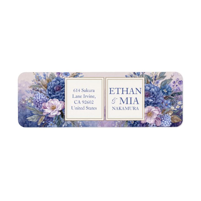 Étiquette Adresse de Retour Botanique Aquarelle Bleu Violet (Devant)