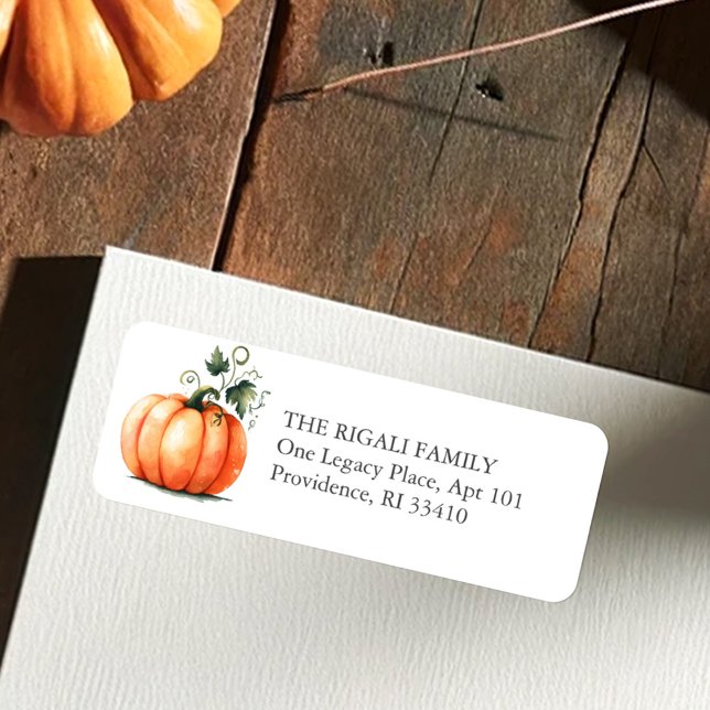Étiquette Adresse de retour Citrouille à l'aquarelle (Pumpkin return address labels in watercolor shades or orange and green for fall and rustic events)