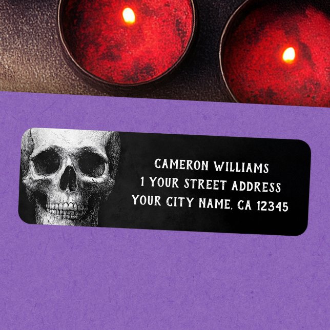 Étiquette Adresse de retour crâne Halloween noir (Spooky skull Halloween black return address Label)