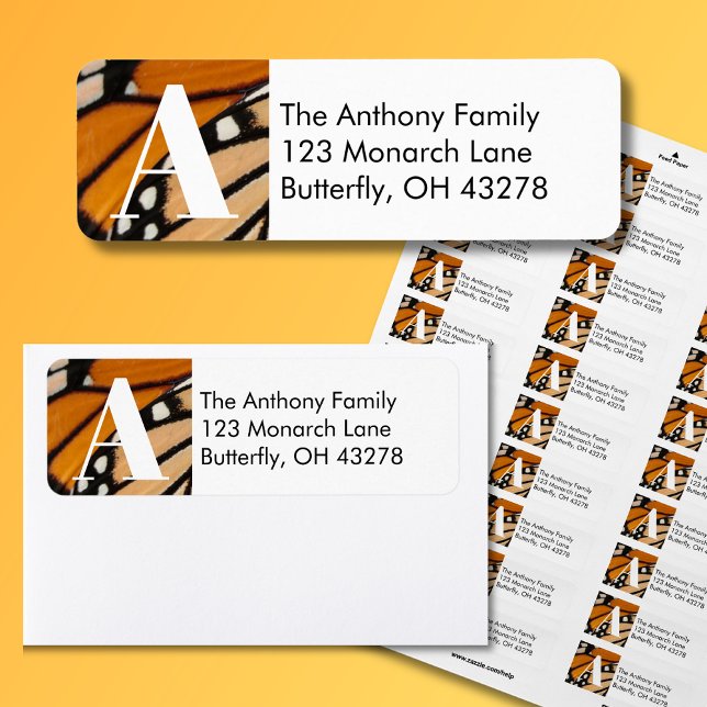 Étiquette Adresse de Retour d'Aile de Papillon Monarque (Monarch Butterfly Return Address Labels with Monogram Initial is a beautiful addition for your mail.)