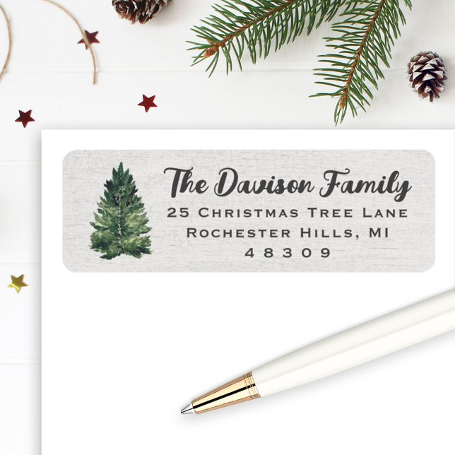 Étiquette Adresse de retour d'arbre de Noël aquarelle (Créateur téléchargé)