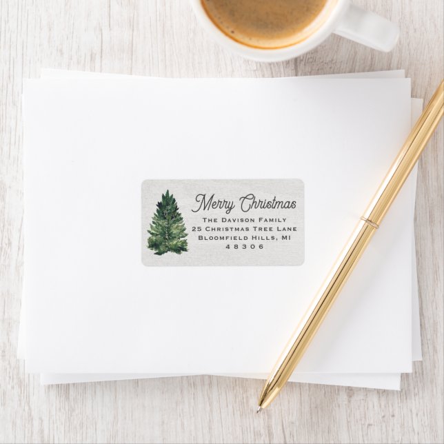 Étiquette Adresse de retour d'arbre de Noël aquarelle (En situation)