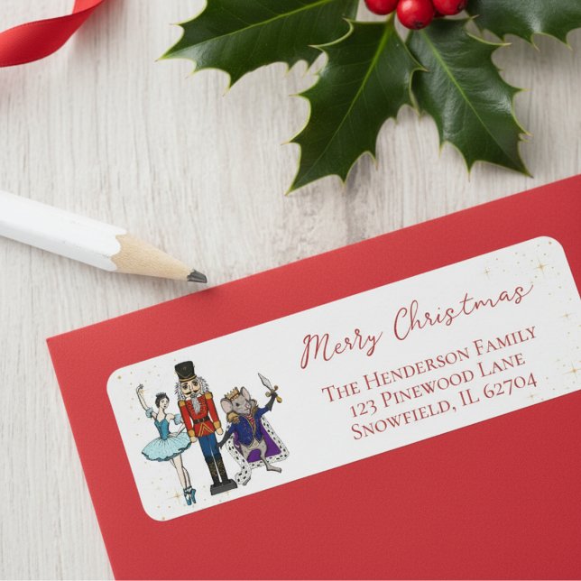Étiquette Adresse de retour de ballet de Casse-Noisette de N (Colorful Festive Merry Christmas Seasonal Nutcracker Ballet Return Address Labels in Elegant White)